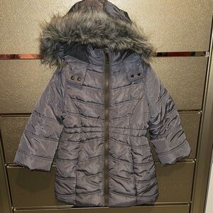 Calvin Klein Jeans Kids Metallic Gray Puffer Jacket with Faux Fur Hood